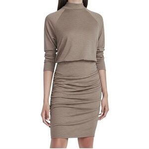 Express tan mini long sleeve mock neck fitted ruched dress NEW NWT